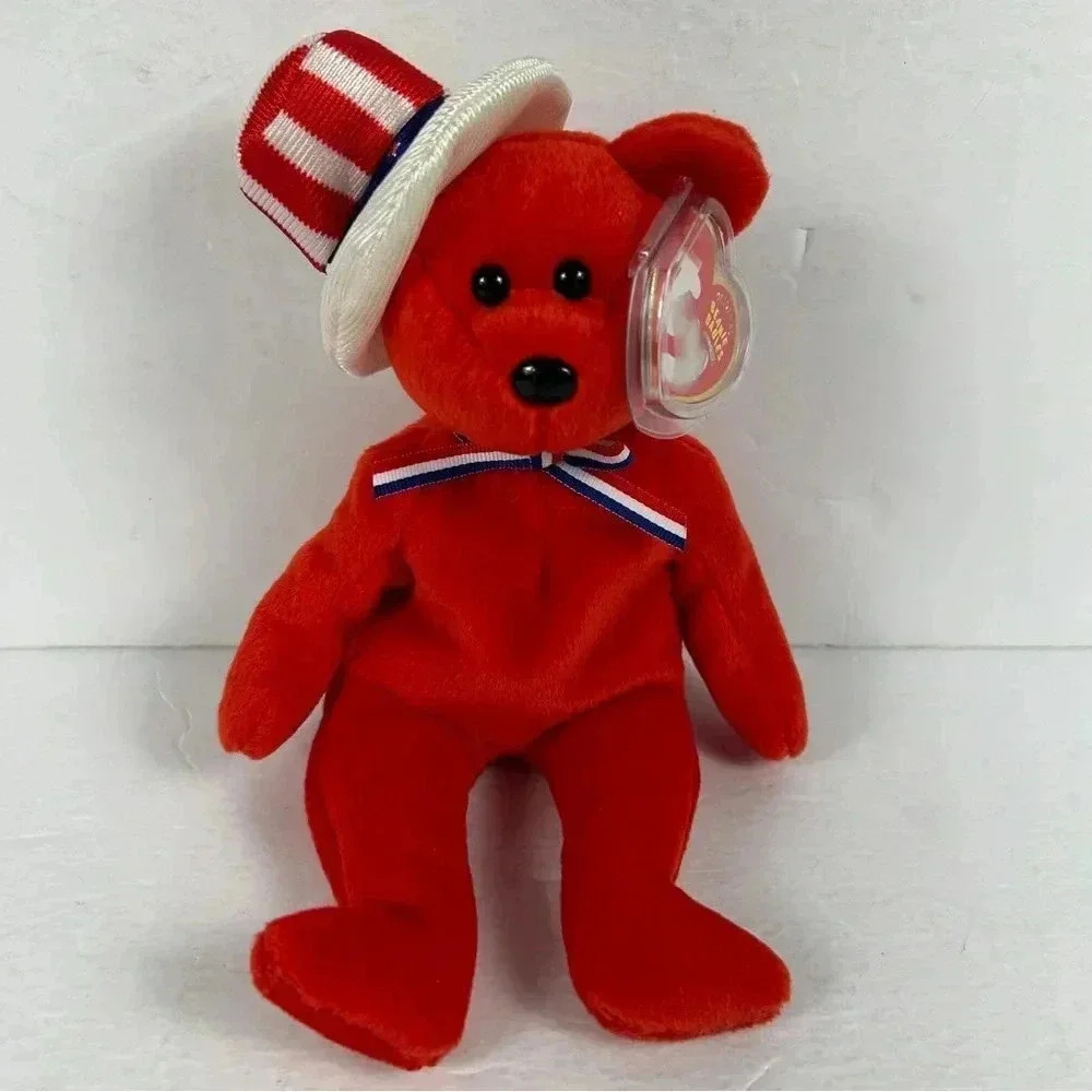 Ty Beanie Babies 2003 "Sam" Plush Red Bear Top Hat Red White Blue DOB 7/4/2003